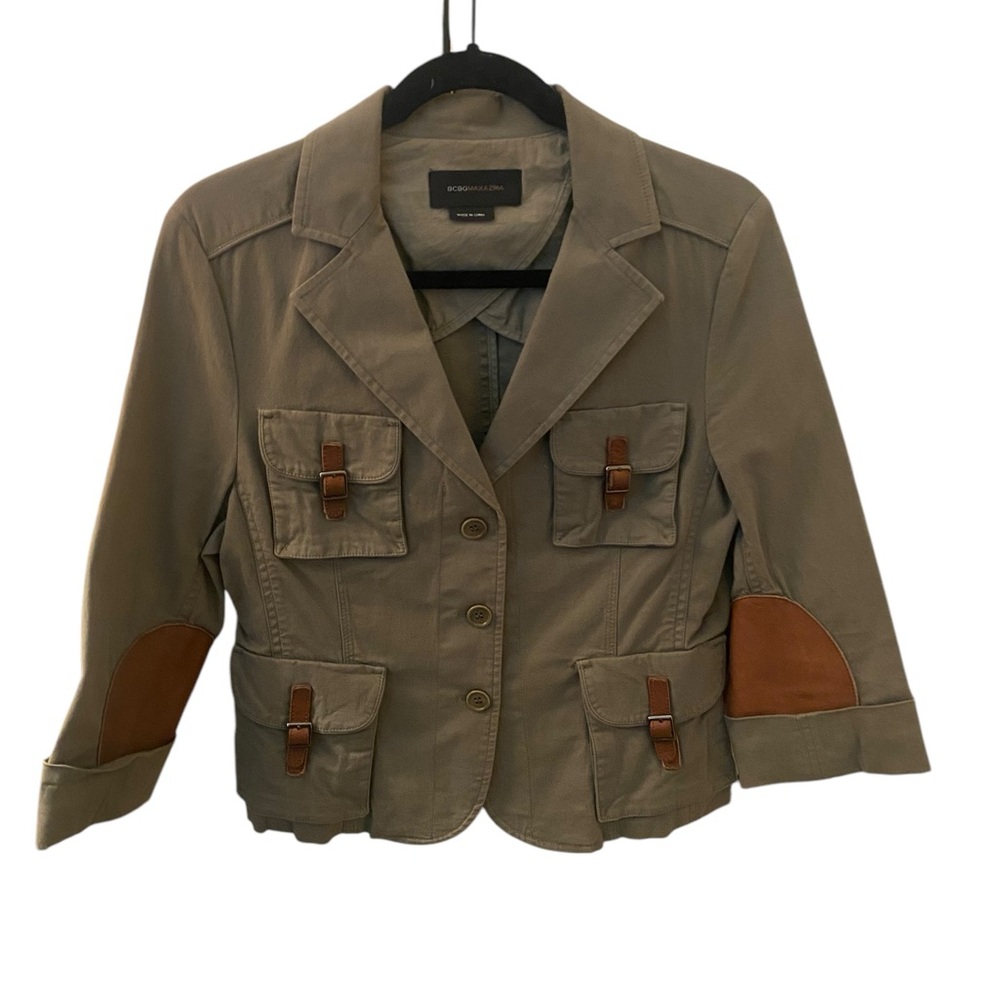 Women's BCBG Maxazria Army Green Jacket with Brown leather Accents